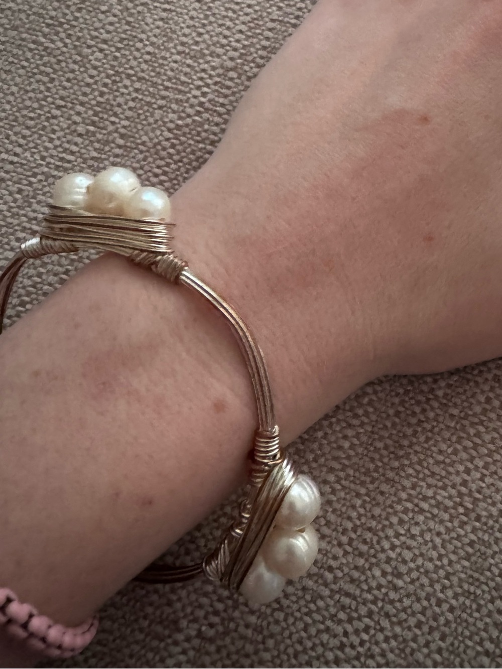 Silver Pearl Wire-Wrapped Bangle Bracelet